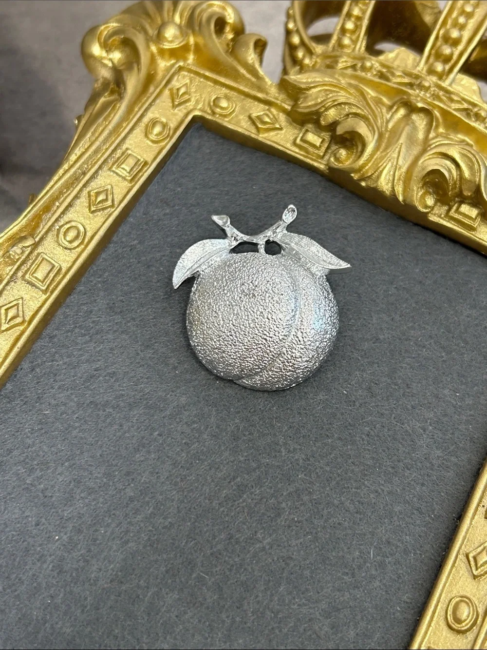 Vintage Silver Textured Fruit Brooch with Leaves